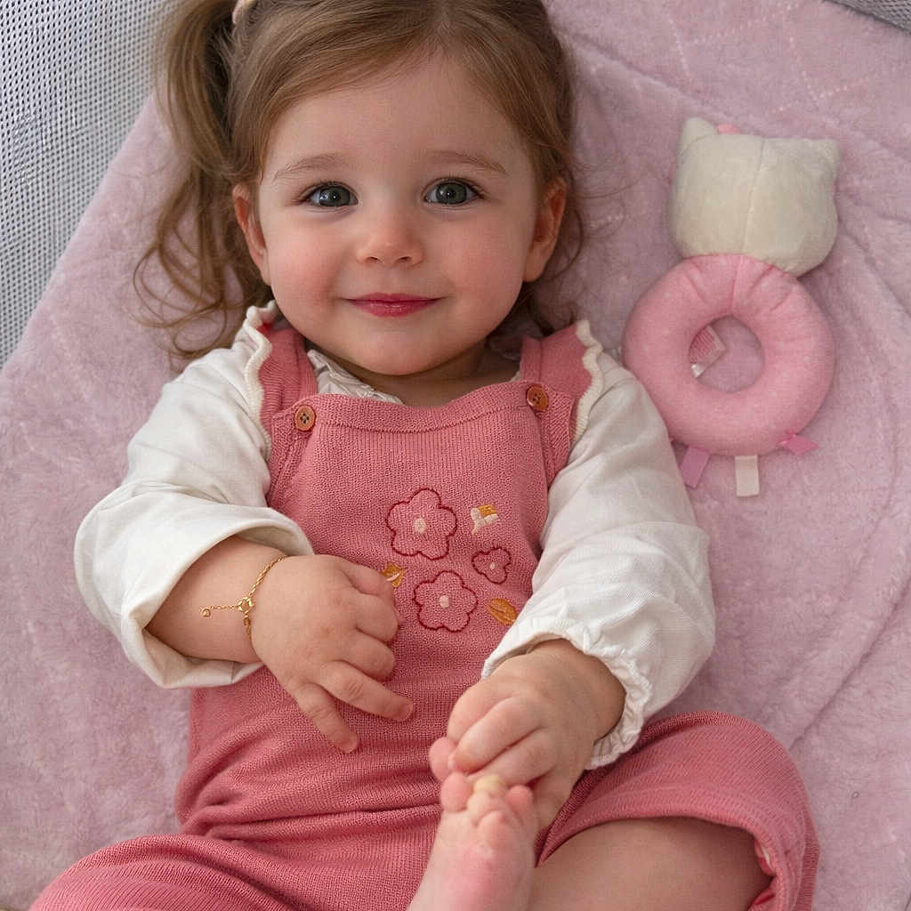 Léya a rejoint le concours — aidez-le/la à gagner de superbes lots ! child, toddler, smile, pink_outfit, playpen, plush_toy, blanket, cute, happy, indoors, portrait, baby, foot, hair_tied, face, sitting, cozy, soft_toy, girl, casual_clothing