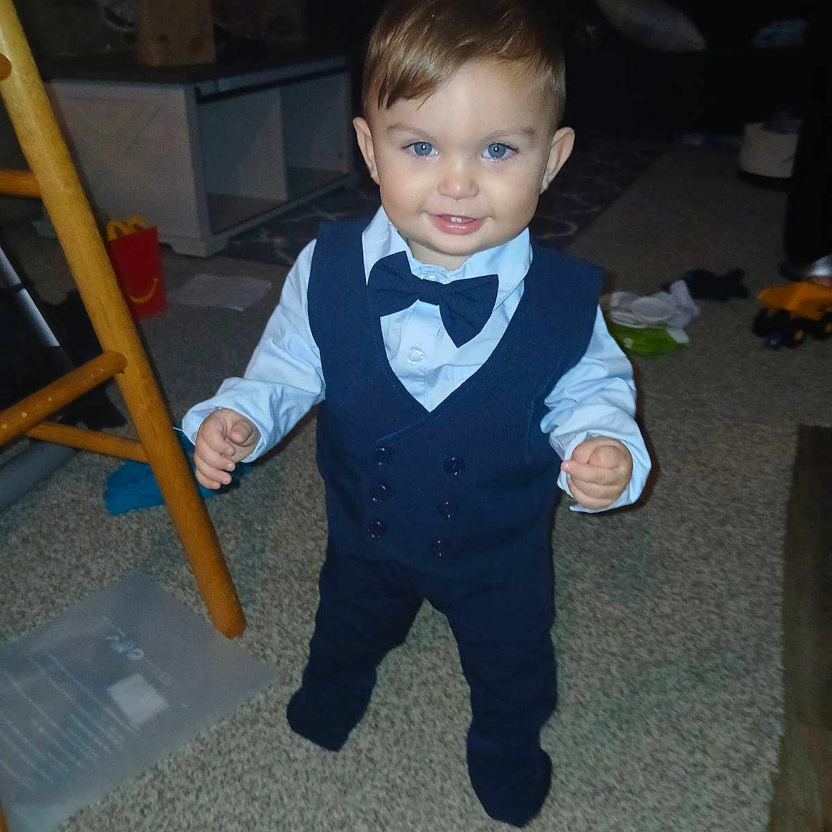 Ryker joined the competition — help win amazing prizes! accessories, baby, blazer, bowtie, clothing, coat, dress, face, formalwear, head, jacket, pants, person, photography, portrait, shirt, suit, tie, tuxedo, vest