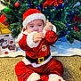 baby, carpet, celebration, child, christmas_lights, christmas_ornament, christmas_tree, cute, decorations, festive, festive_outfit, holiday, holiday_season, indoors, present_bag, red_bow, red_clothing, santa_costume, sitting, toy