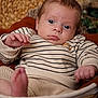 Ezio participe au concours pour gagner de l'argent avec cette photo : baby, infant, basket, striped_sweater, knitted_pants, cozy, portrait, closeup, child, cute, soft_texture, warm_colors, expression, human, newborn, indoor, pose, hand, foot, face