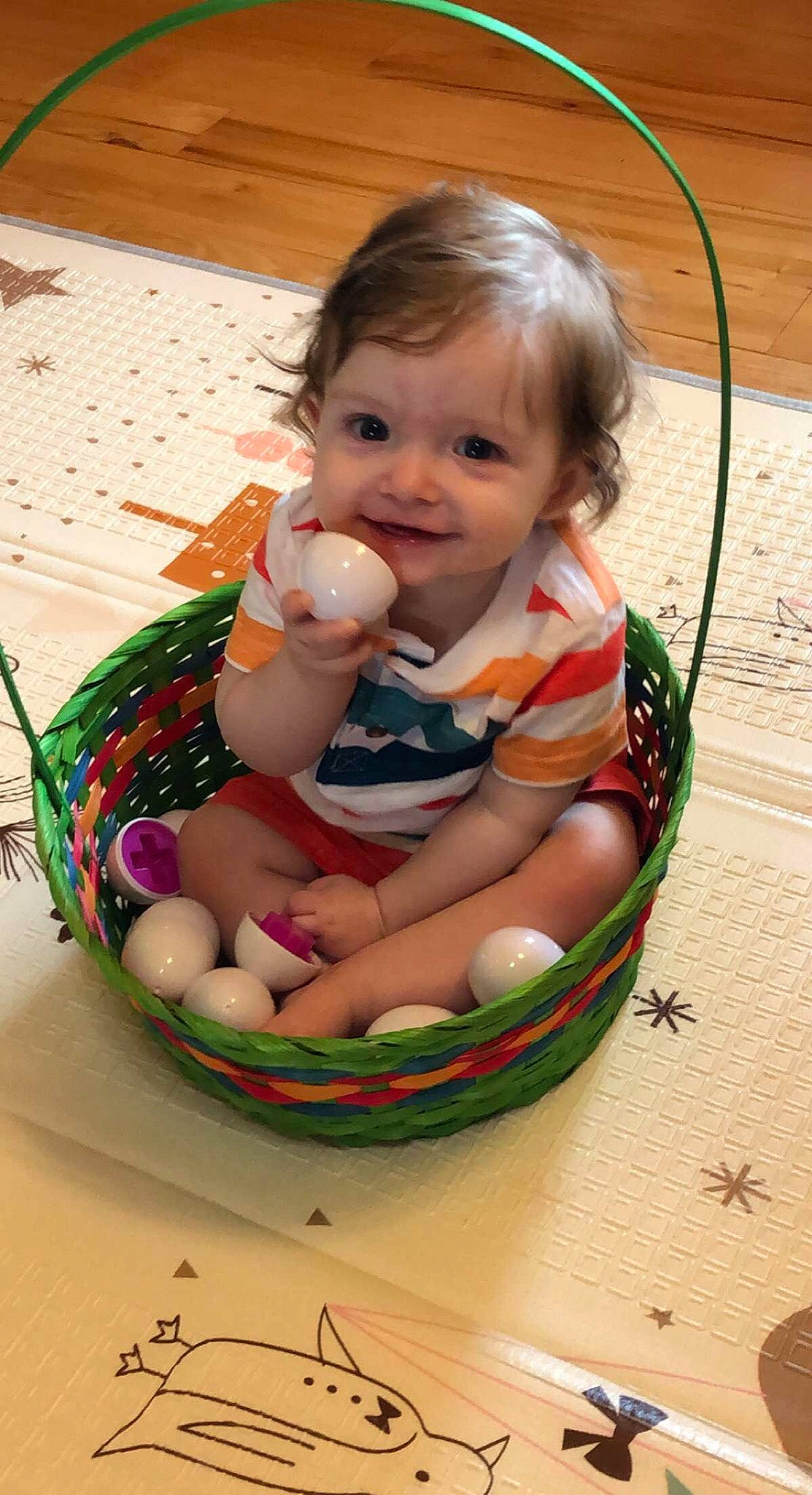 Kash is registered to the contest to win money with this photo: baby, baby_carriage, baby_toddler_clothing, basket, cheek, child, dress, eye, face, fun, grass, hair, happy, head, iris, person, skin, smile, toddler, toy