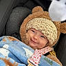 Maybel joined the competition — help win amazing prizes! baby, smile, knit_hat, bear_ears, blanket, car_seat, blue_blanket, cute, child, infant, happy, bundle, warm, cozy, fabric, clip, pattern, face, portrait, indoor