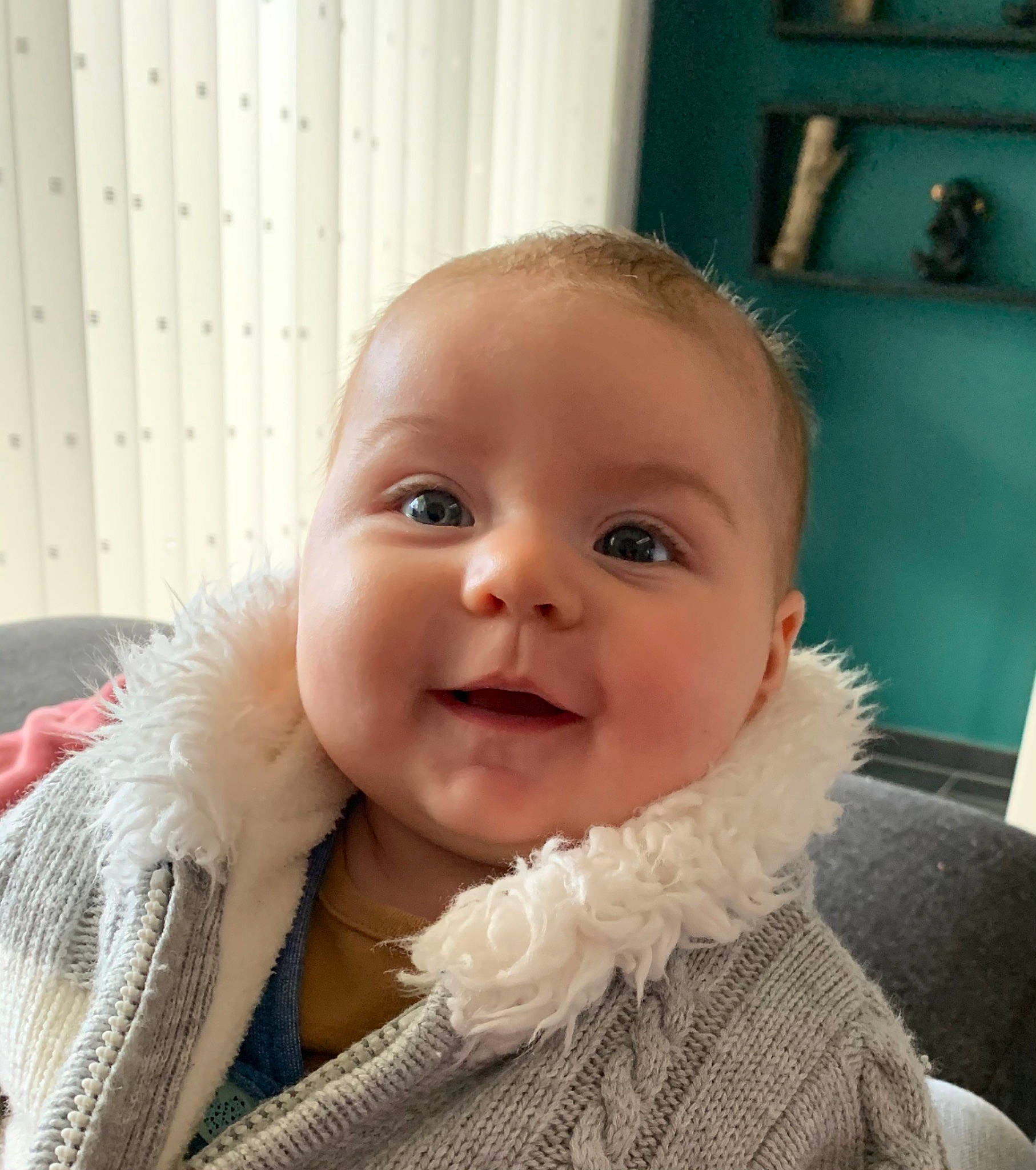 Adèle a rejoint le concours — aidez-le/la à gagner de superbes lots ! baby, baby_toddler_clothing, cheek, child, comfort, eyelash, fashion_accessory, fun, fur, happy, iris, lip, nose, pattern, person, selfie, sitting, skin, sleeve, smile