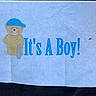 cartoon_bear, blue_cap, bat, text, fabric, patch, print, baby_announcement, its_a_boy, cute, illustration, light_background, blue_text, child_theme, celebration, design, cloth, toy_bear, baby, announcement