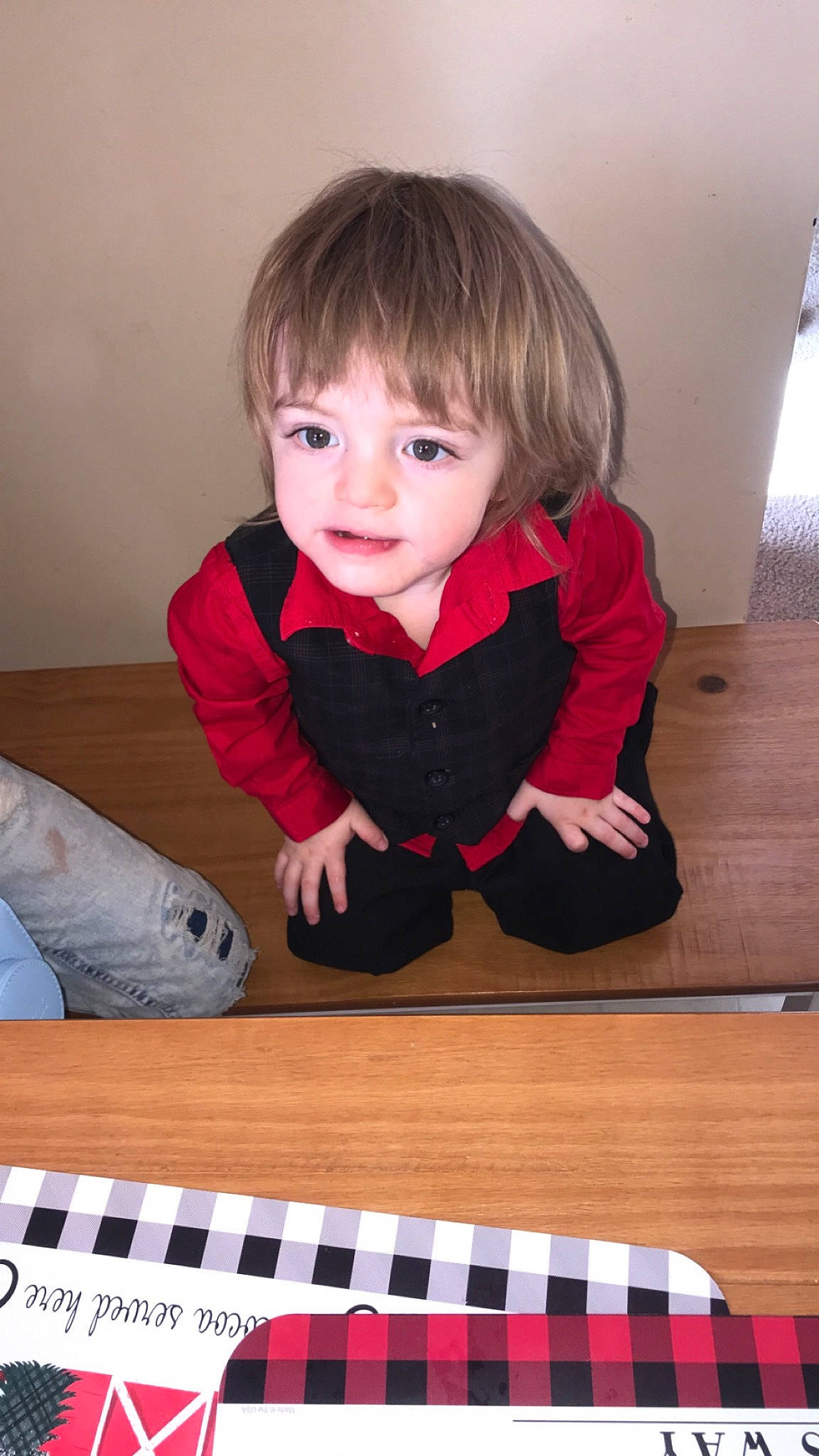 Connor joined the competition — help win amazing prizes! baby_toddler_clothing, carmine, child, comfort, dress, floor, flooring, hardwood, human_leg, pattern, person, plaid, play, room, sitting, sleeve, smile, standing, t_shirt, toddler