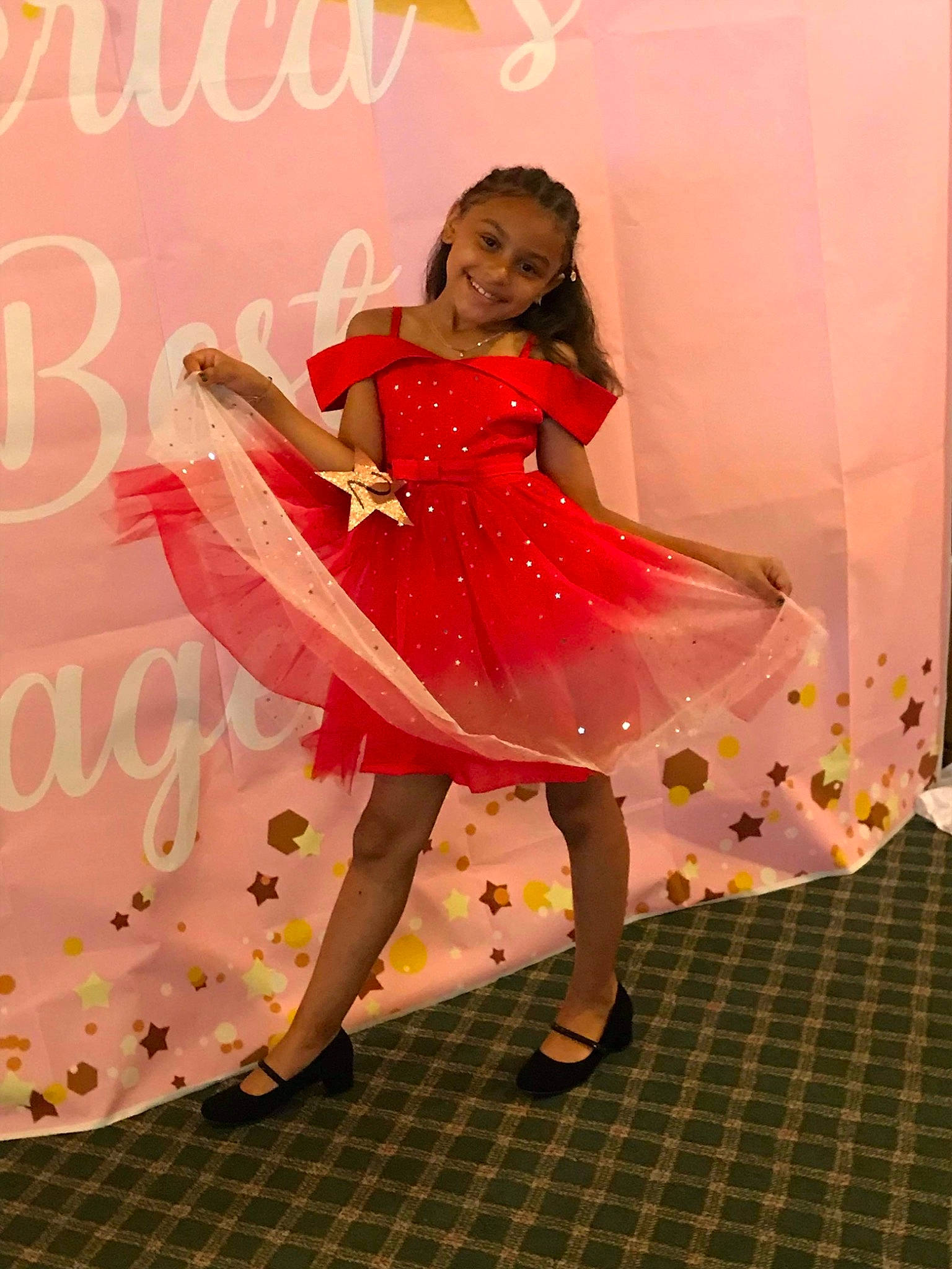 Dalilah is registered to the contest to win money with this photo: dance, day_dress, dress, entertainment, event, fashion_design, flash_photography, flooring, footwear, happy, human_leg, joy, magenta, one_piece_garment, performing_arts, person, pink, sandal, shoe, smile