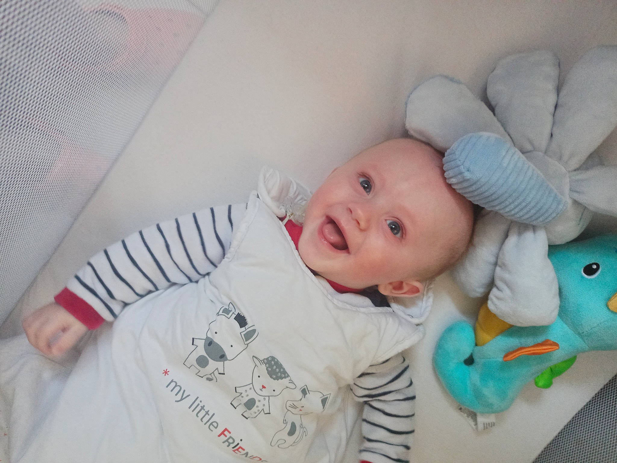 Soan participe au concours pour gagner de l'argent avec cette photo : baby, baby_products, baby_safety, baby_sleeping, baby_toddler_clothing, bed, cheek, child, comfort, happy, infant_bed, linens, mechanical_fan, nose, person, sleeve, smile, stuffed_toy, textile, toddler