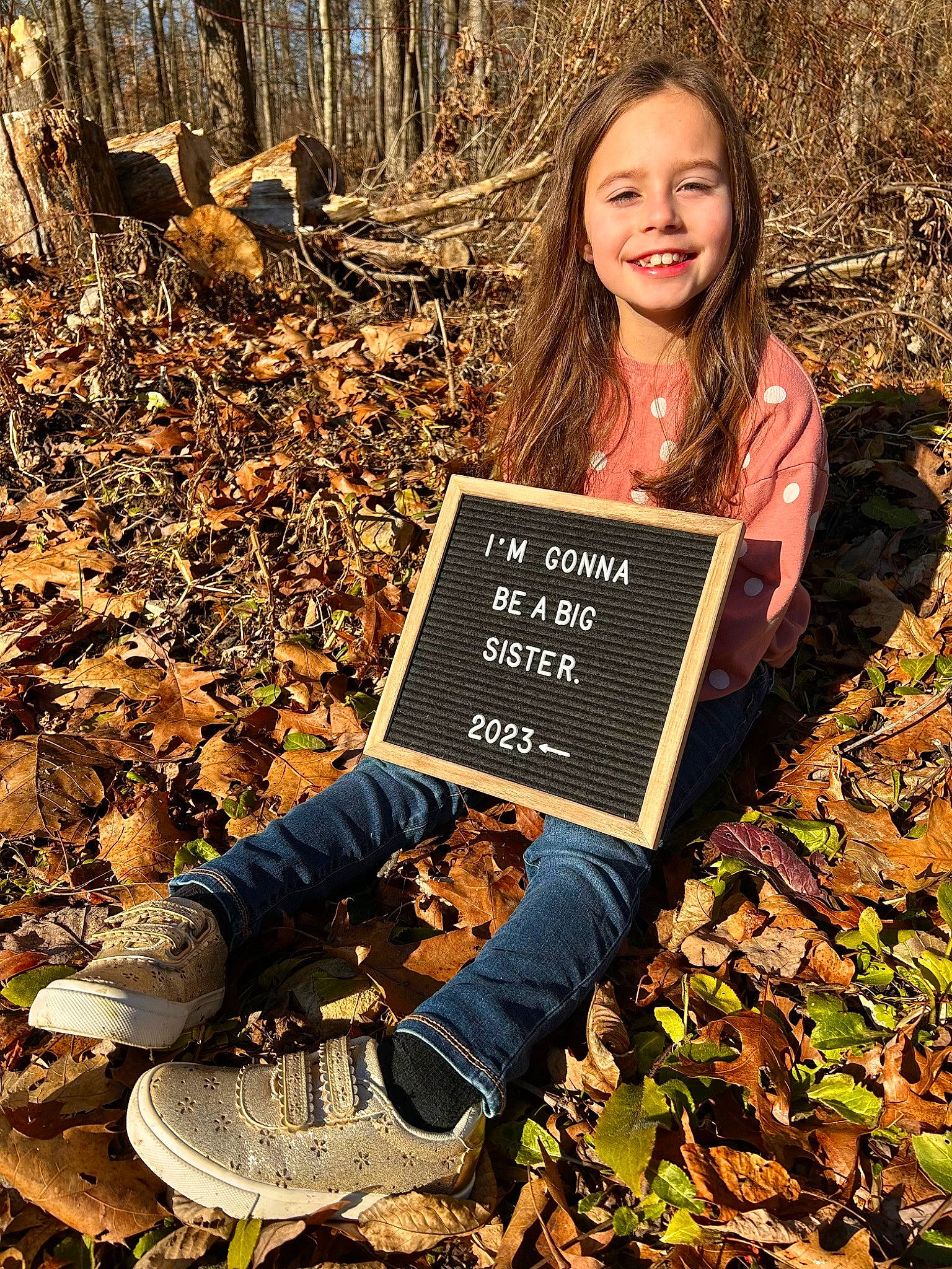 Paislee joined the competition — help win amazing prizes! adaptation, autumn, beauty, brown, deciduous, forest, grass, happy, joy, landscape, leaf, natural_landscape, people_in_nature, person, smile, soil, tree, trunk, wilderness, wood