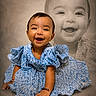 baby, child, smiling, portrait, dress, blue_dress, frilly, happy, cute, sitting, studio, photography, bracelet, infant, face, expression, background, monochrome, double_exposure, artistic