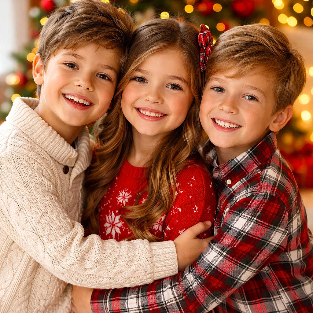 Ruby Shouk a rejoint le concours — aidez-le/la à gagner de superbes lots ! blond_hair, casual, child, children, christmas_tree, decorations, family, festive, friendship, group_hug, happy, holiday_lights, indoor, long_hair, plaid_shirt, portrait, red_sweater, smiling, sweater, winter_clothing