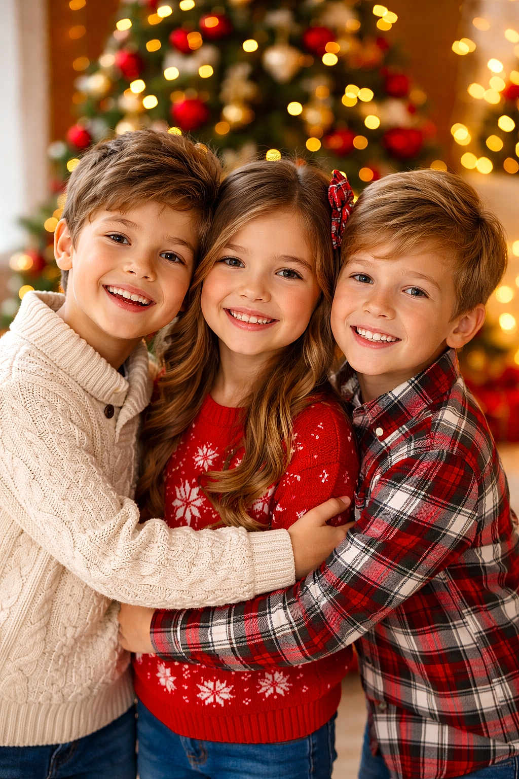 Ruby Shouk a rejoint le concours — aidez-le/la à gagner de superbes lots ! child, children, smiling, group_hug, christmas_tree, holiday_lights, sweater, red_sweater, plaid_shirt, winter_clothing, indoor, happy, family, festive, decorations, blond_hair, long_hair, casual, friendship, portrait