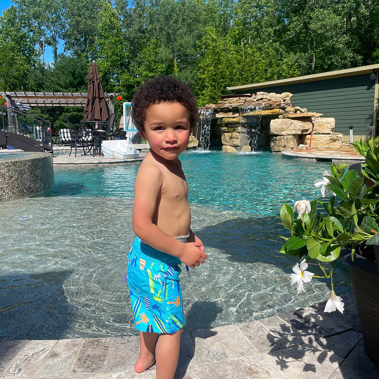 Camryn joined the competition — help win amazing prizes! backyard, clothing, face, head, jar, nature, outdoors, person, photography, plant, planter, pool, portrait, pottedplant, pottery, shorts, summer, vase, water, yard