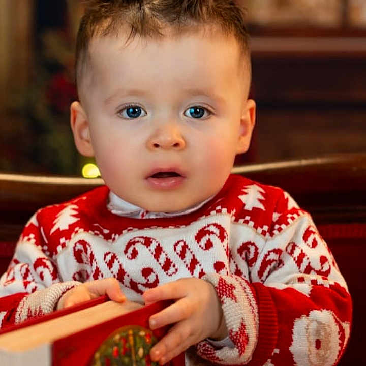 Romeo James is registered to the contest to win money with this photo: blue_eyes, book, child, christmas, cozy, curly_hair, cute, face, festive, hands, holiday, indoors, portrait, red, seated, sweater, toddler, white, winter, young