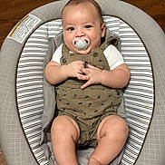 Lucas Ayala is registered to the contest to win money with this photo: baby, pacifier, infant, baby_seat, cushion, clothing, dinosaur_pattern, wooden_floor, cute, chubby, smiling, hands, legs, feet, portrait, indoor, comfortable, relaxed, child, person