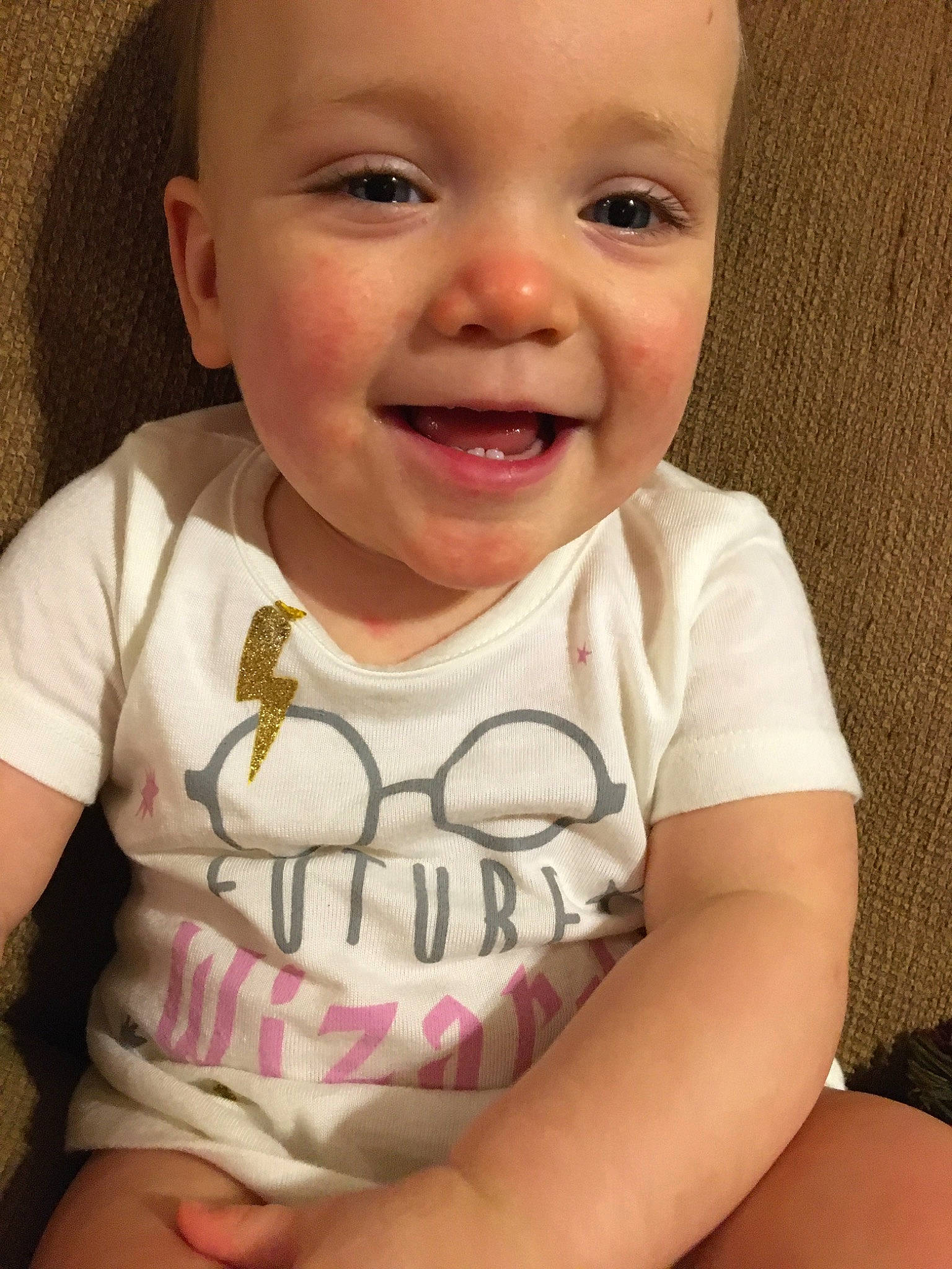 Madelynn is registered to the contest to win money with this photo: baby, baby_making_funny_faces, cheek, child, chin, eye, eyebrow, face, facial_expression, forehead, happy, head, joy, laugh, lip, nose, organ, person, skin, smile