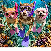 Tanakiwicoconut is registered to the contest to win money with this photo: dog, snorkel, goggles, flippers, underwater, coral_reef, fish, sea_turtle, ocean, water, marine_life, tropical, scuba_gear, pets, animal_costume, adventure, colorful, funny, swimming, nature