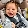baby, car_seat, smiling, happy, child, infant, seatbelt, clothing, hair, face, safety, straps, closeup, cute, person, infant_clothing, car, child_safety, joy, expression