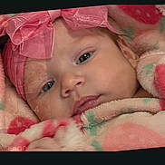 Bianca Rose is registered to the contest to win money with this photo: baby, infant, child, portrait, face, eyes, pink_bow, headband, blanket, wrapped, cozy, lying_down, indoors, closeup, sleepy, looking_at_camera, textile, soft_colors, photograph, cute