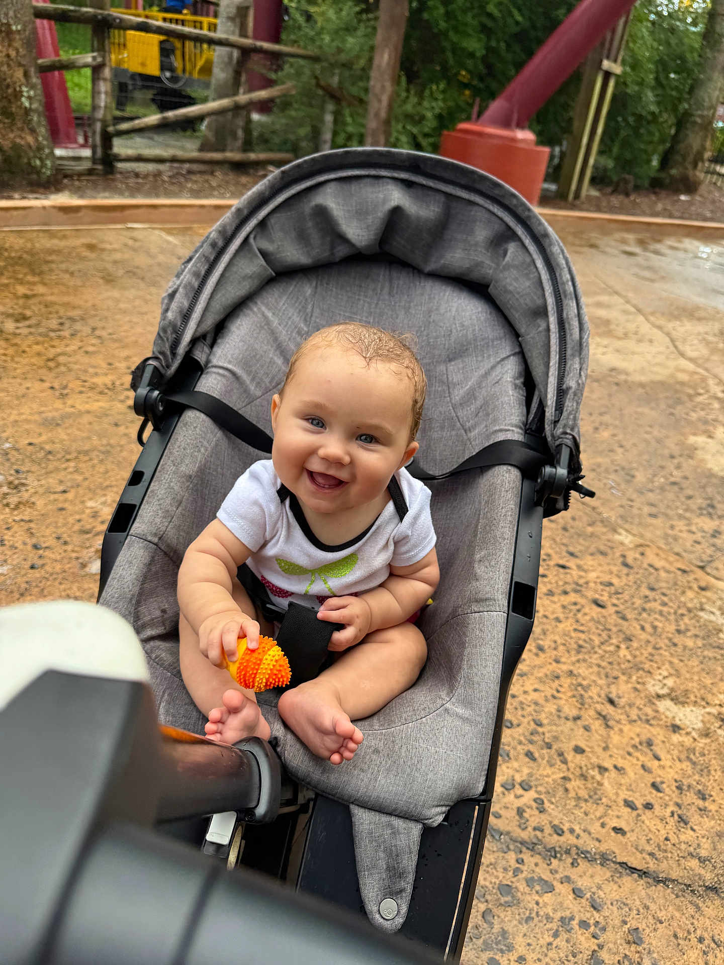 Elizabeth joined the competition — help win amazing prizes! baby, stroller, smile, blue_eyes, toy, outdoor, playground, child, happy, seat, foot, grass, tree, hand, person, clothing, nature, daylight, expression, park