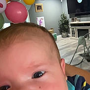 Bentley is registered to the contest to win money with this photo: baby, close_up, face, striped_clothing, balloons, indoor, living_room, furniture, plant, television, high_chair, colorful, child, portrait, smiling, happy, cute, person, infant, home