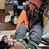 Bentley joined the competition — help win amazing prizes! baby, child, dinosaur_slippers, jeans, plaid_shirt, hand, adult, cat, living_room, window, door, table, snacks, cookie_package, water_bottle, carpet, couch, person, furniture, toy