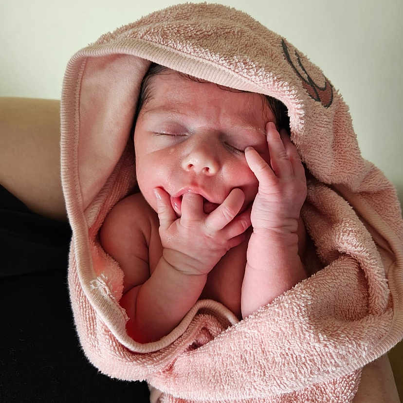 Billie-Louise joined the competition — help win amazing prizes! baby, blanket, bodypart, bonnet, clothing, face, finger, glove, hand, happy, hat, head, hood, newborn, person, photography, portrait, quilt, sleeping, towel