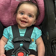 Addisyn joined the competition — help win amazing prizes! baby, child, car_seat, graco, smile, happy, blue_shirt, seat_belt, infant, hair_tuft, safety_harness, close_up, cute, person, seat, car, young_child, indoors, portrait, human