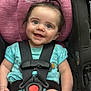 baby, child, car_seat, graco, smile, happy, blue_shirt, seat_belt, infant, hair_tuft, safety_harness, close_up, cute, person, seat, car, young_child, indoors, portrait, human