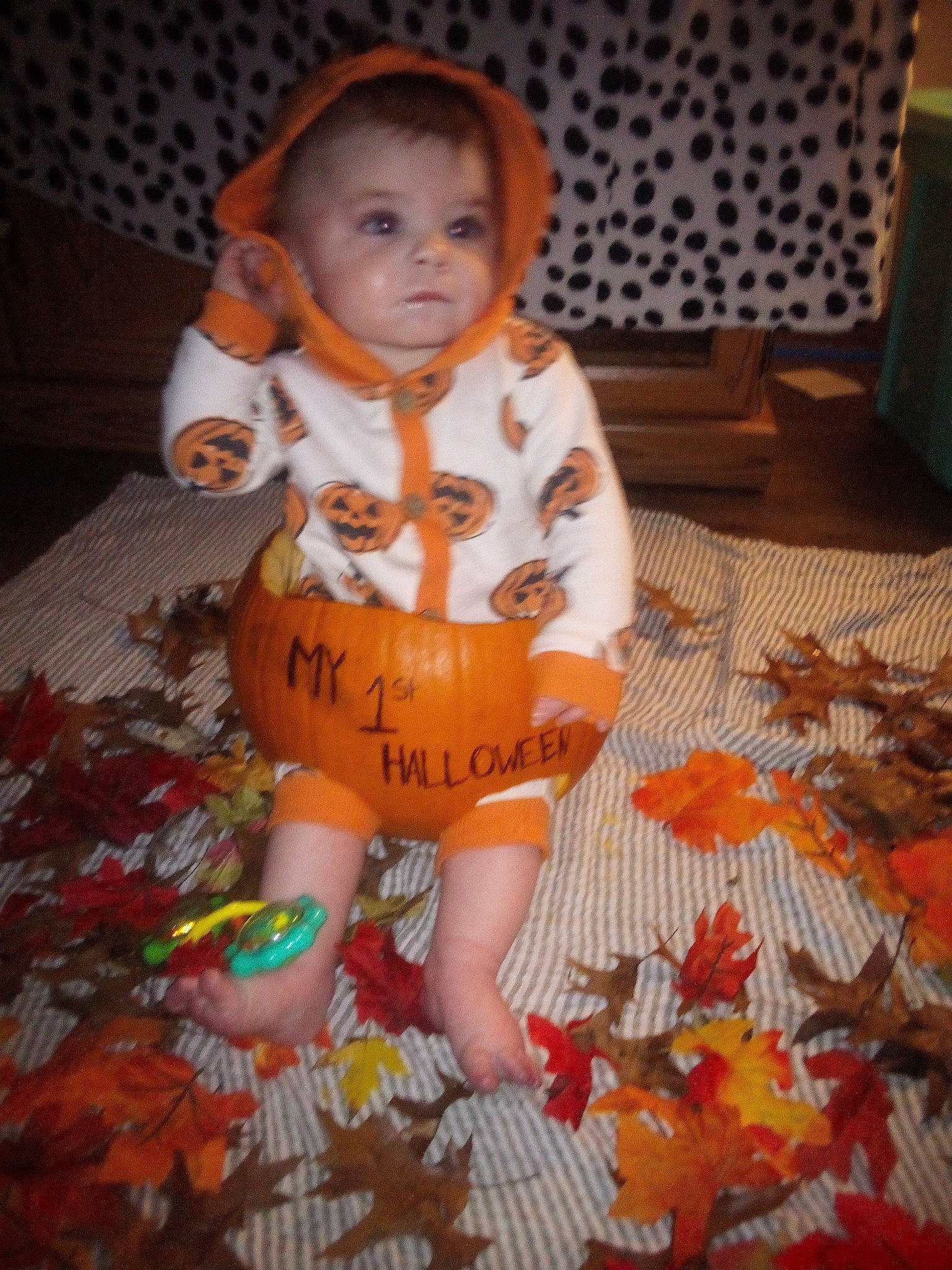 Owen joined the competition — help win amazing prizes! baby, baby_toddler_clothing, cheek, child, comfort, dress, eye, face, floor, flooring, fun, head, human_body, linens, orange, person, skin, sleeve, textile, toddler