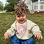 baby, child, smiling, outdoor, grass, headband, leopard_print, sweater, heart, blue_pants, white_socks, happy, cute, person, portrait, nature, home, yard, fence, fall