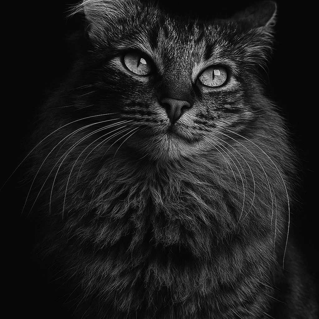Gaïa a rejoint le concours — aidez-le/la à gagner de superbes lots ! animal, black_and_white, cat, close_up, dark_background, detailed, expression, eyes, feline, fluffy, fur, indoor, majestic, muzzle, no_humans, portrait, soft_light, studio, whiskers
