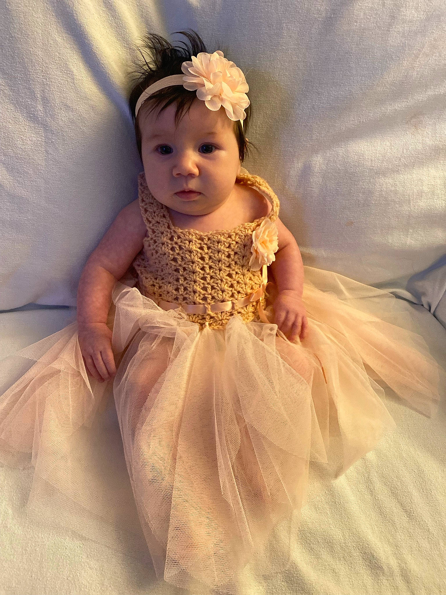 Stella joined the competition — help win amazing prizes! baby, baby_toddler_clothing, blond, bridal_accessory, day_dress, dress, embellishment, eye, fashion_design, flash_photography, gown, happy, headband, headpiece, iris, jewellery, person, petal, pink, ruffle
