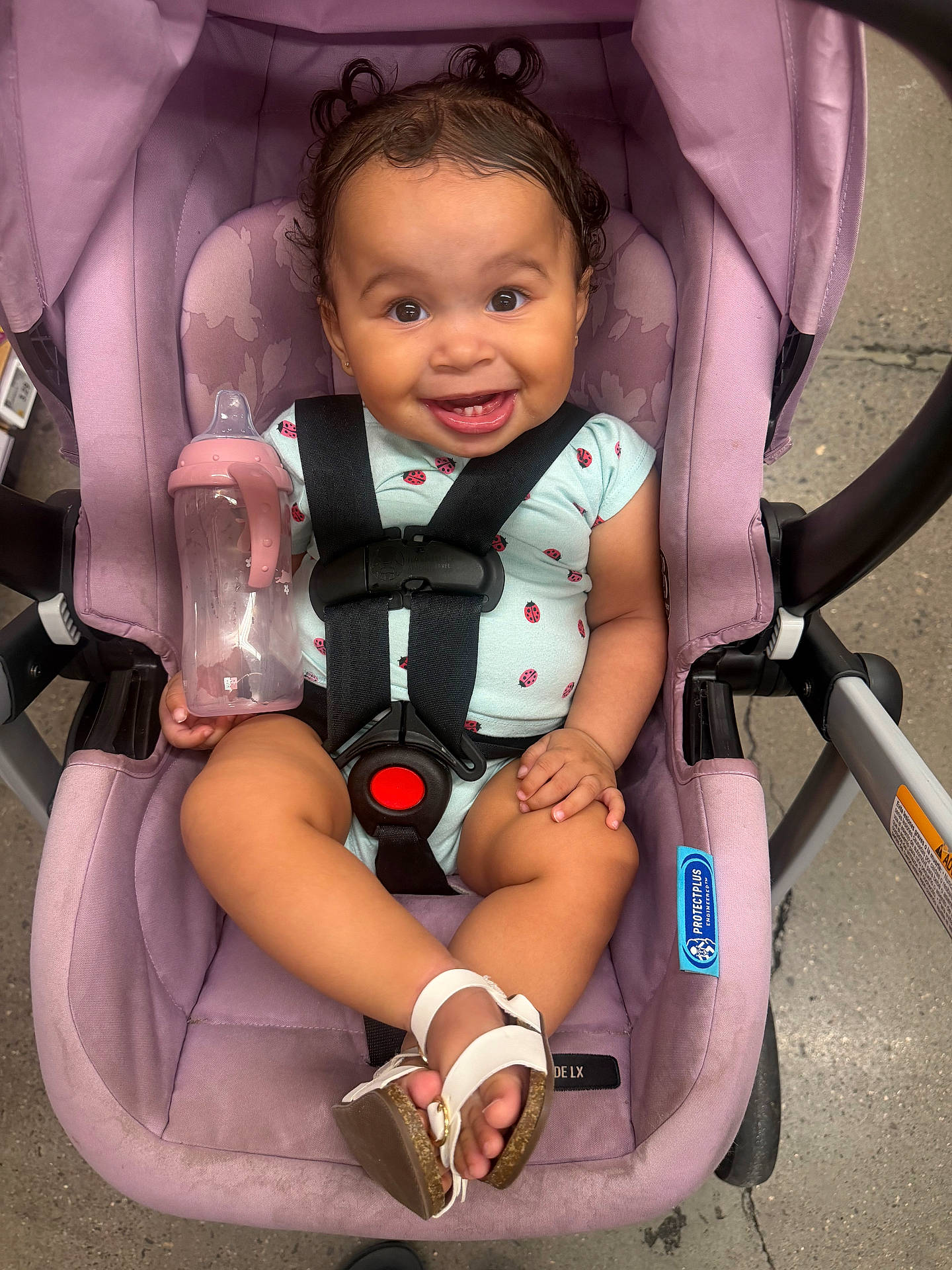 Kai Leena joined the competition — help win amazing prizes! baby, bottle, brown_eyes, child, curly_hair, feeding_bottle, happy, infant, ladybug, outdoor, pajamas, pavement, photograph, pink, portrait, safety_harness, sandals, seated, smiling, stroller