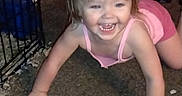 Maelynn joined the competition — help win amazing prizes! baby, blonde_hair, carpet, carpeted_floor, child, crawling, cute, face, happy, home, indoor, laughing, metal_cage, person, pink_clothing, playful, smiling, stairs, toddler, young_child