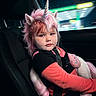 Maelynn joined the competition — help win amazing prizes! child, unicorn, pink_hair, costume, car_seat, seatbelt, gas_station, night, portrait, cute, wig, magic, fantasy, pink, face, expression, vehicle, window, text_overlay, star_stickers