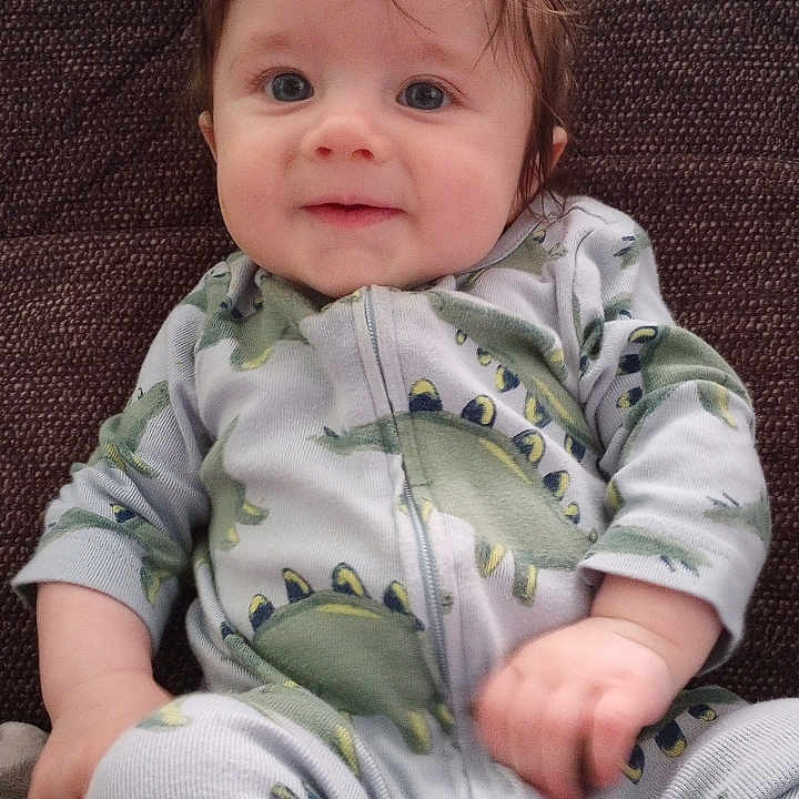 Ezra is registered to the contest to win money with this photo: baby, infant, dinosaur_onesie, couch, brown, smile, face, hair, child, young, sitting, indoors, clothing, cute, comfortable, expression, portrait, light, rosy_cheeks, toddler
