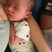 Charlotte is registered to the contest to win money with this photo: newborn, baby, sleeping, infant, onesie, cherry_pattern, arm, skin, closeup, peaceful, resting, person, family, cuddle, soft, cute, toddler, child, portrait, indoors