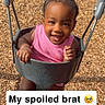 toddler, child, swing, playground, smiling, happy, pink_clothing, hair_bow, outdoor, wood_chips, baby, cute, joyful, infant, fun, park, cute_baby, sunlight, daytime, playtime