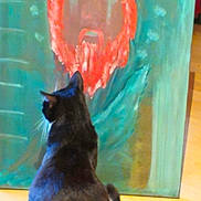 Dali a rejoint le concours — aidez-le/la à gagner de superbes lots ! cat, black_cat, painting, artwork, indoor, wooden_floor, animal, pet, portrait, colorful, beard, orange_hair, sitting, back_view, contemplation, feline, decor, canvas, expressionism, quiet