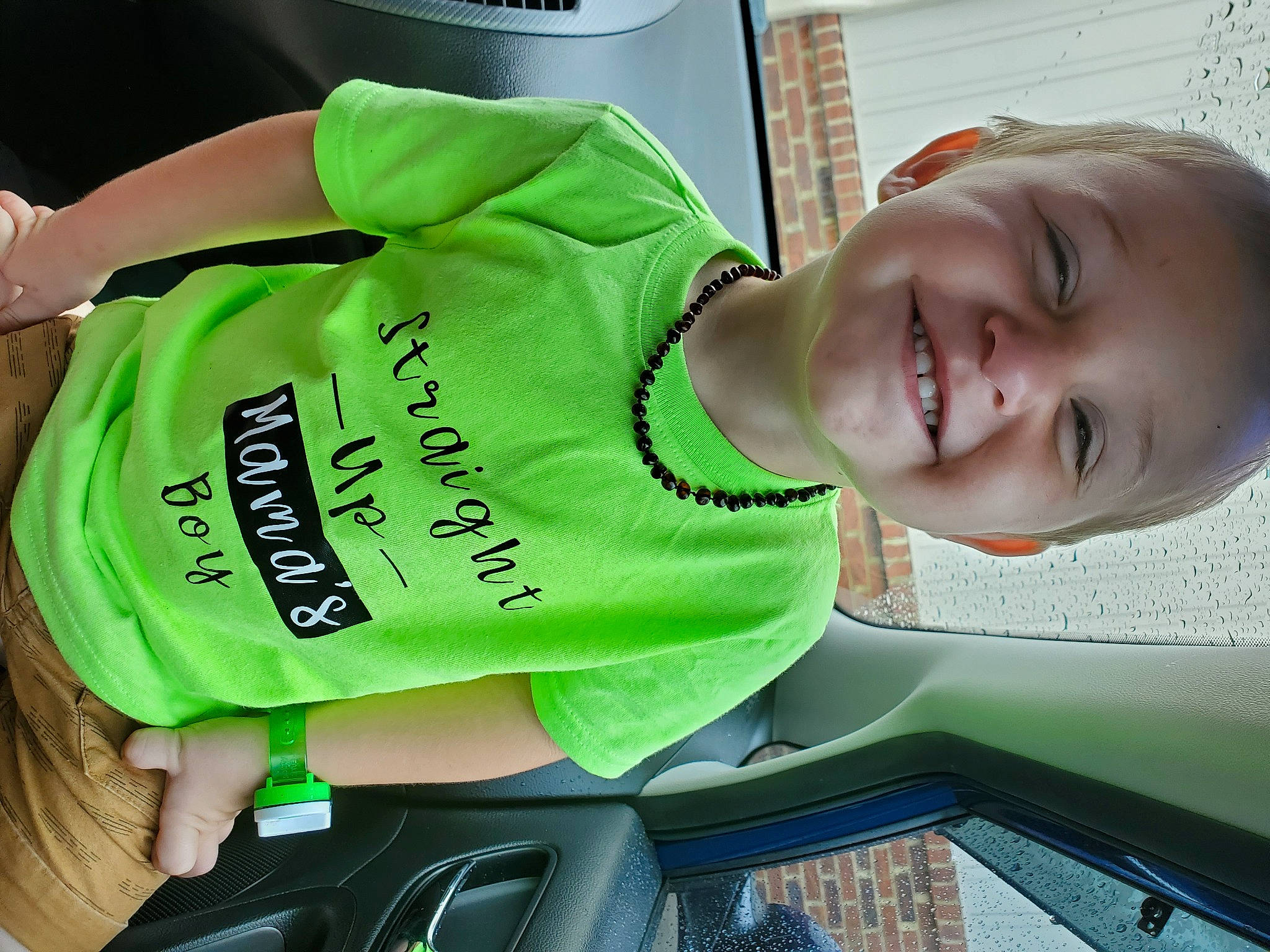 Kaison is registered to the contest to win money with this photo: baby, baby_products, baby_toddler_clothing, child, elbow, finger, font, green, happy, joy, leisure, light, person, product, recreation, sleeve, smile, sportswear, t_shirt, toddler