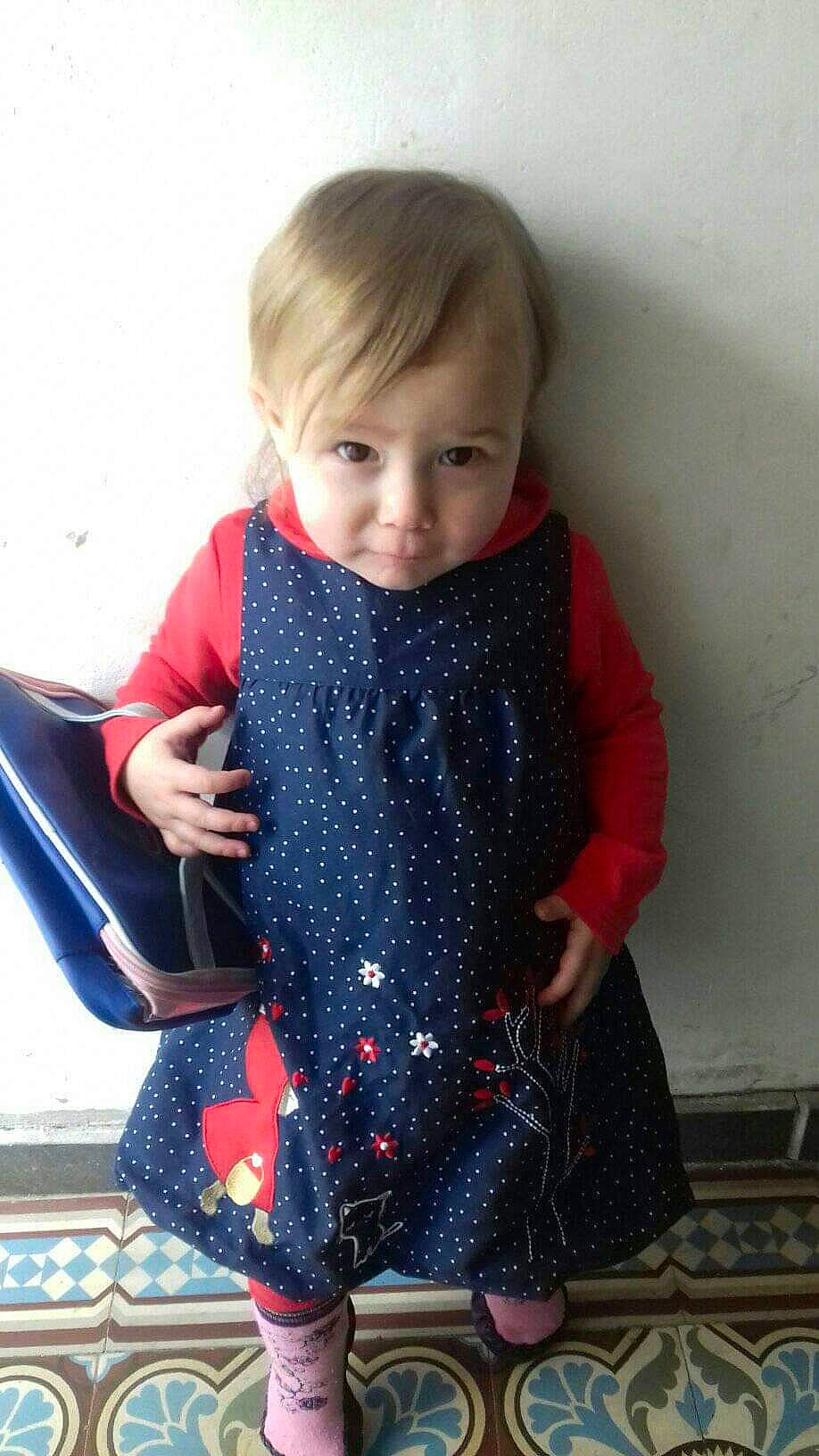 Lyzianna a rejoint le concours — aidez-le/la à gagner de superbes lots ! baby, child, child_model, clothing, denim, design, dress, footwear, outerwear, pattern, person, play, polka_dot, product, shoe, sitting, sleeve, t_shirt, toddler, top