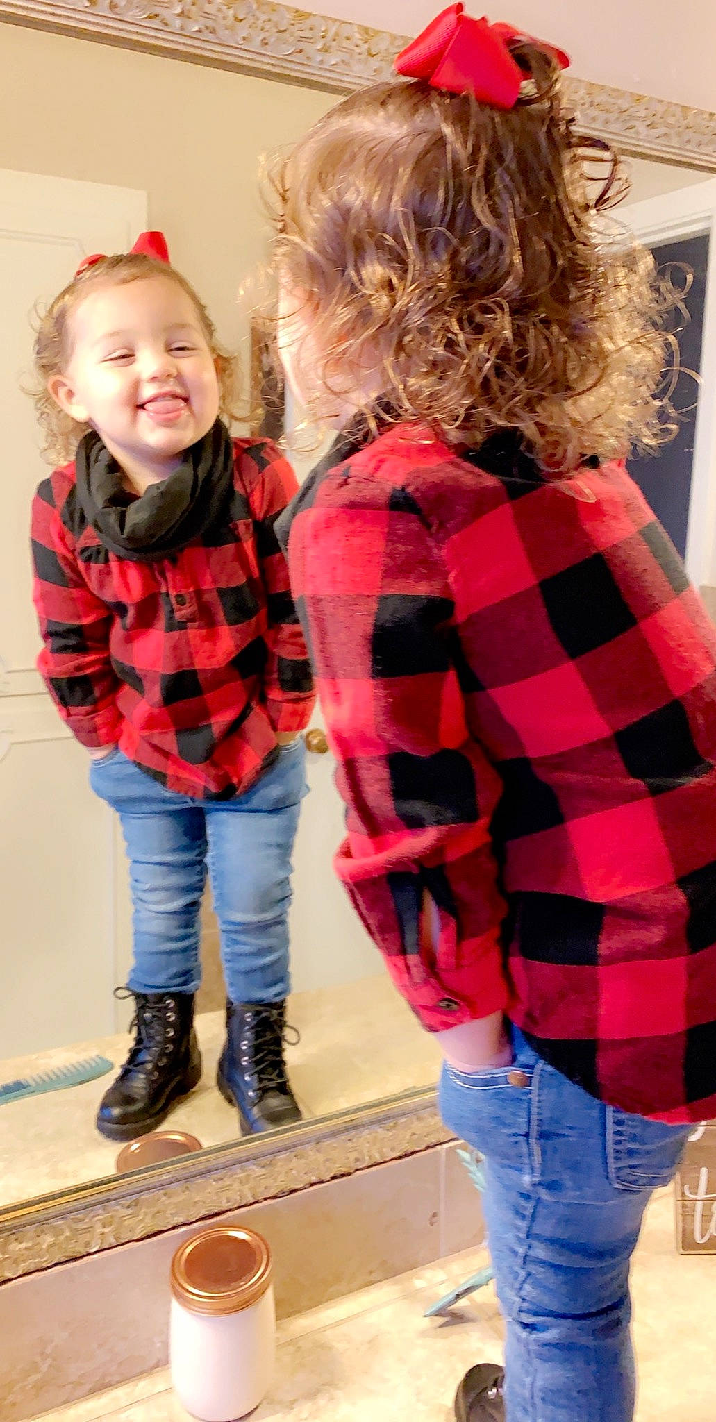 Vada joined the competition — help win amazing prizes! blond, child, child_model, denim, design, fun, jacket, jeans, joy, leg, outerwear, pattern, person, plaid, smile, standing, tartan, textile, toddler, trousers