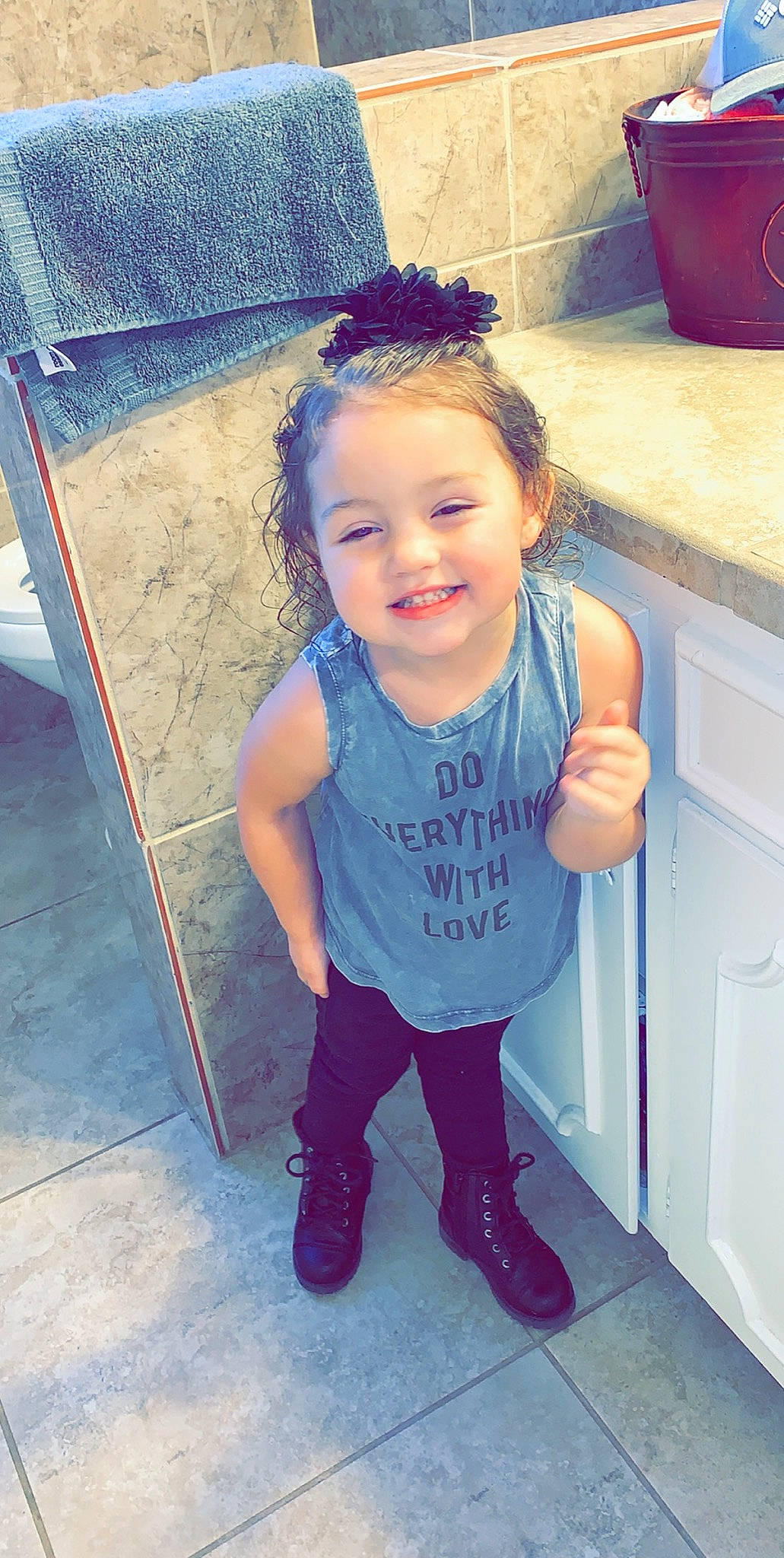 Vada is registered to the contest to win money with this photo: child, child_model, cool, fun, jeans, joy, leg, person, purple, smile, standing, toddler