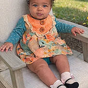 Kinlee joined the competition — help win amazing prizes! baby, child, blue_eyes, curly_hair, bow, dress, floral_pattern, polka_dot, socks, chair, outdoor, grass, wooden_furniture, cute, portrait, seated, infant, expression, candid, daylight