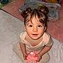 Elena participe au concours pour gagner de l'argent avec cette photo : toddler, child, sitting, toy, pink_toy, stuffed_animals, playmat, carpet, indoor, portrait, looking_up, smile, hair_buns, onesie, socks, hands, big_eyes, flash_photography, soft_rug, innocence