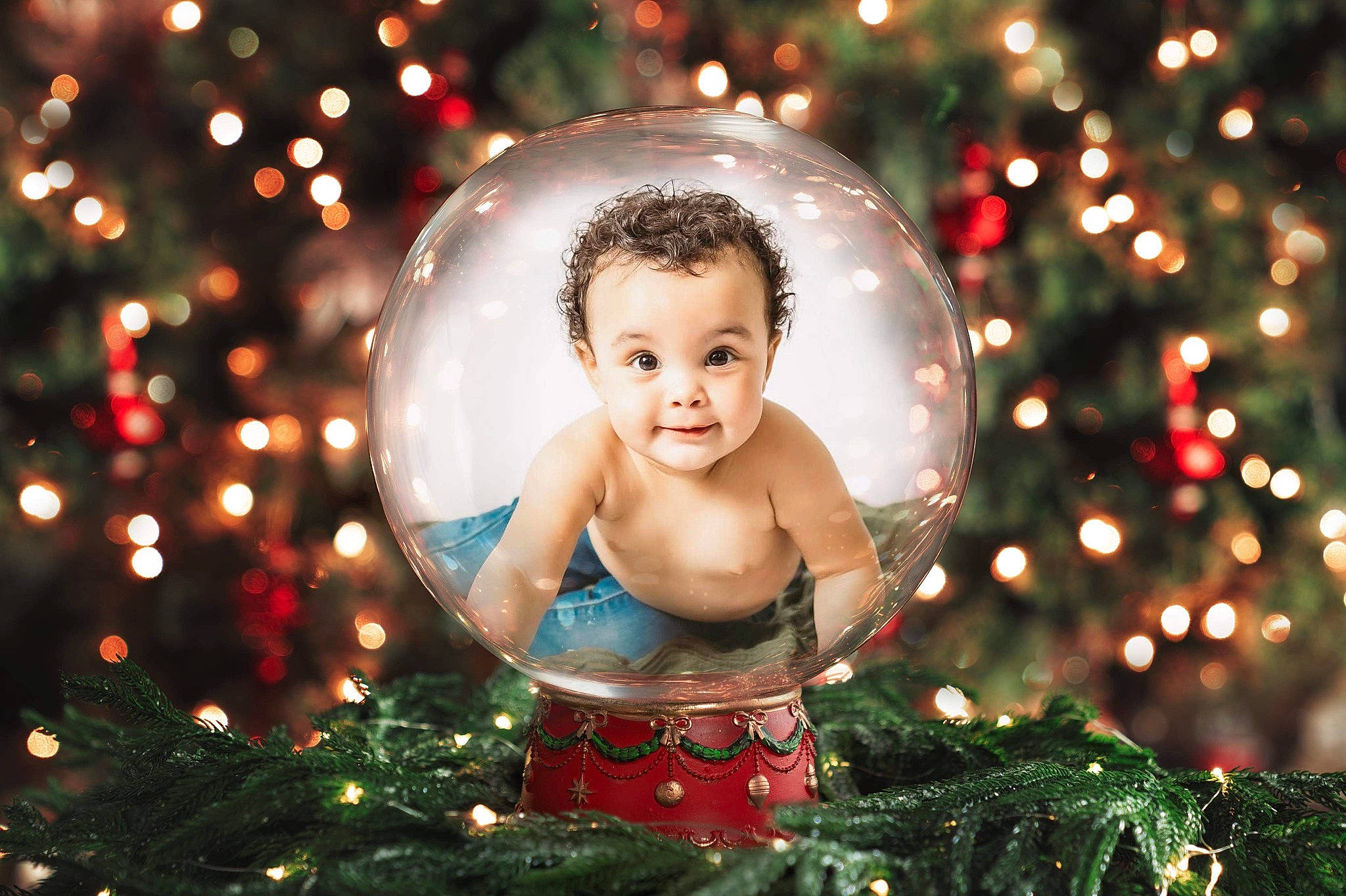 Houston is registered to the contest to win money with this photo: branch, cheek, christmas_decoration, christmas_ornament, christmas_tree, evergreen, facial_expression, fun, happy, head, holiday_ornament, human, human_body, light, organ, ornament, people_in_nature, person, standing, toddler