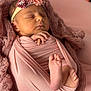 newborn, baby, sleeping, wrapped, pink, blanket, headband, flower, infant, peaceful, hands, feet, soft, cozy, portrait, cute, child, closeup, resting, indoors