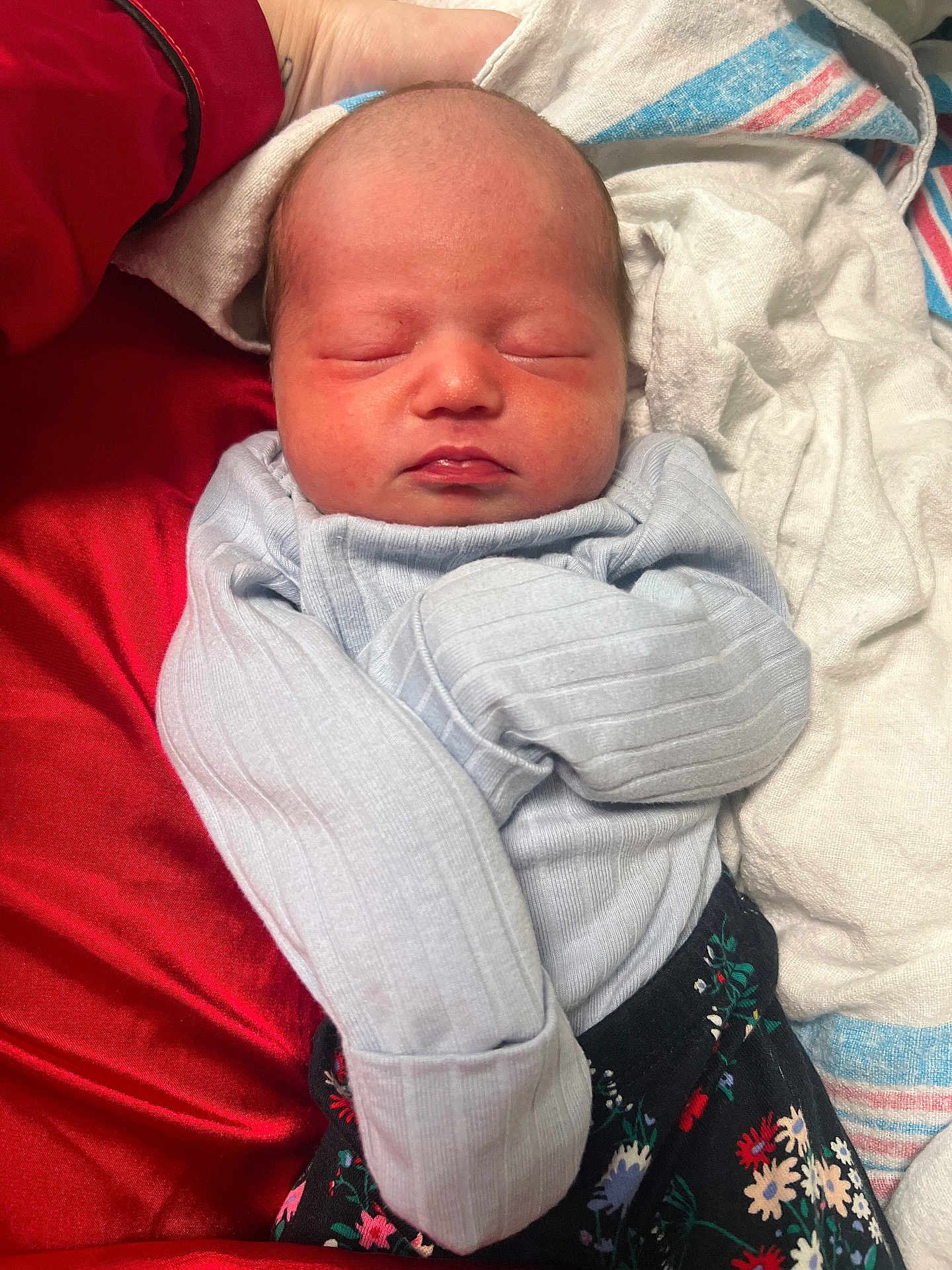 Elianna joined the competition — help win amazing prizes! newborn, baby, sleeping, infant, clothing, blanket, fabric, red, blue, patterned_pants, face, head, soft, cozy, resting, wrapped, human, skin, portrait, closeup