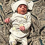 baby, infant, elephant_hat, elephant_print, onesie, pants, patterned_blanket, indoor, cute, newborn, person, sleepwear, baby_clothes, lying_down, small_hands, baby_face, soft_lighting, cozy, adorable, expression