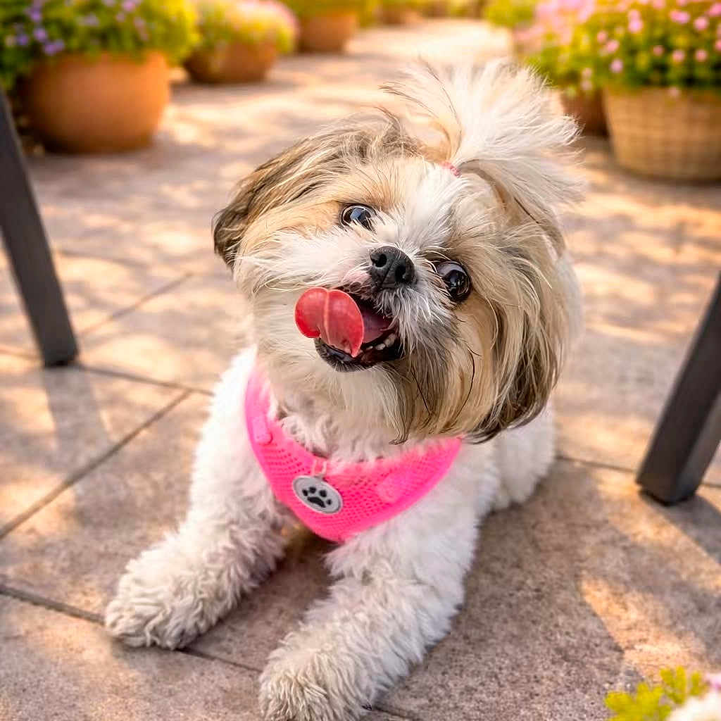 Princesa is registered to the contest to win money with this photo: dog, small_dog, pet, puppy, fluffy, long_hair, white_fur, brown_fur, tongue_out, happy, portrait, outdoor, patio, garden, flowers, flowerpots, sunlight, bandana, pink_accessory, sitting